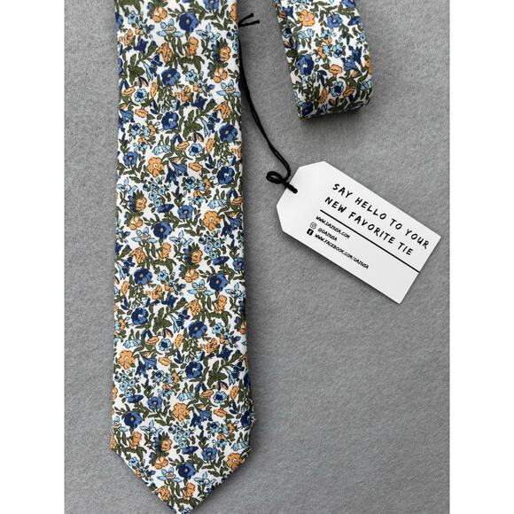 NWT‎ Dazi Mens Alpine Blum floral cotton slim skinny tie blue yellow 2.5" - Picture 4 of 4